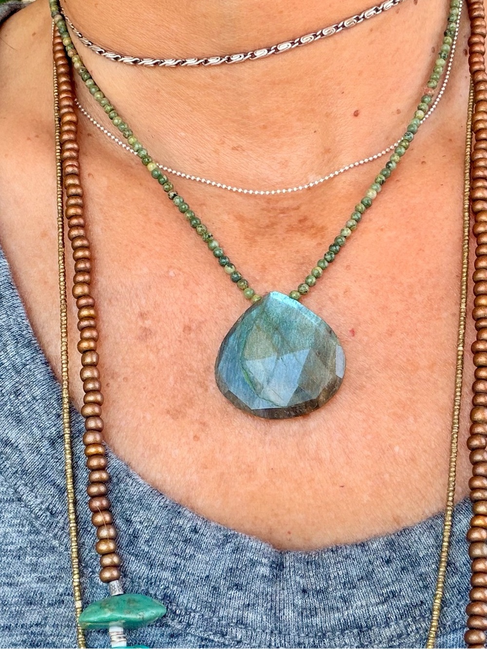 Labradorite Teardrop Pendant Necklace in Green -